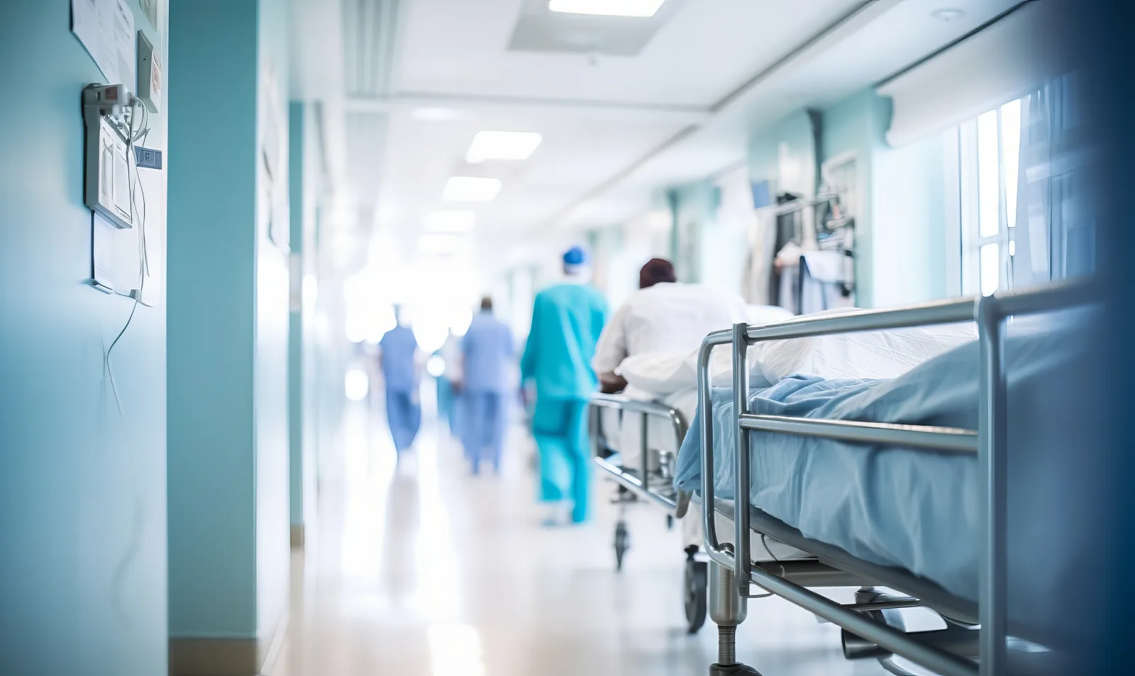 Hospital corridor with healthcare professionals