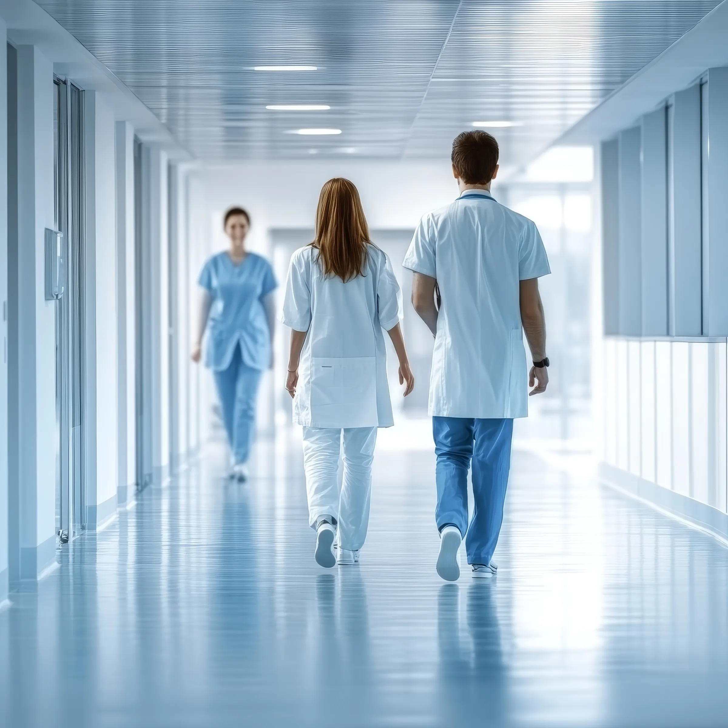 Three medical professionals — two doctors and a nurse — walking confidently down a hospital corridor