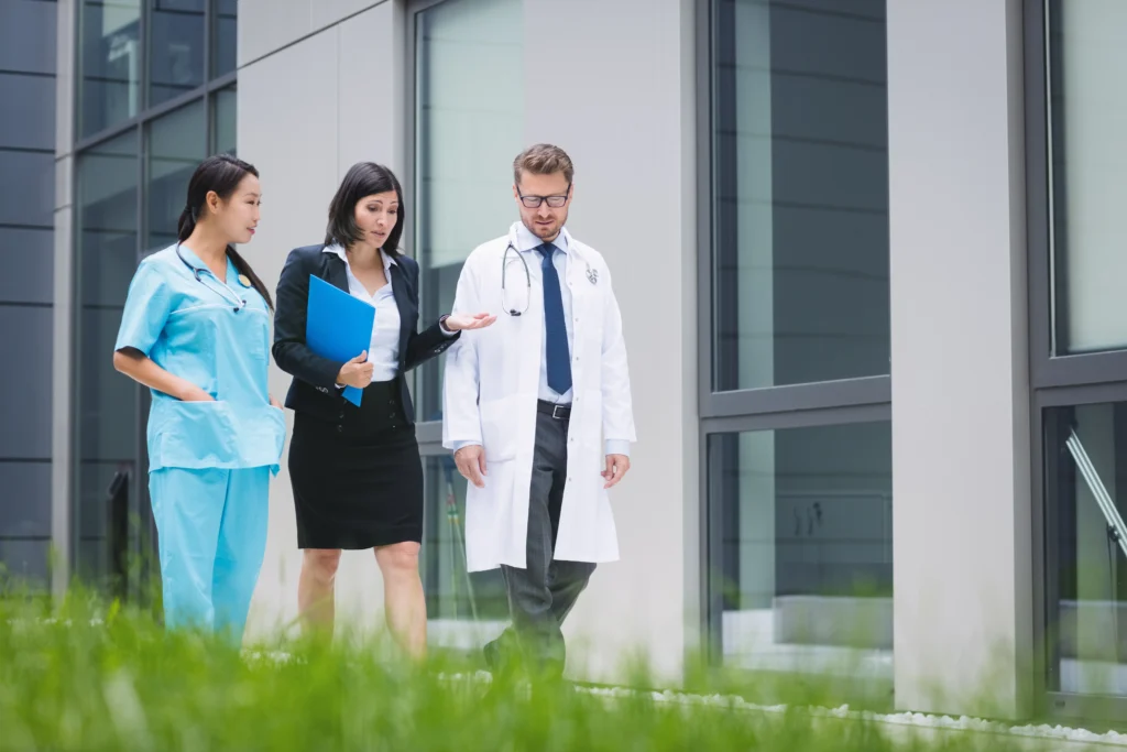 Medical team walking outdoors